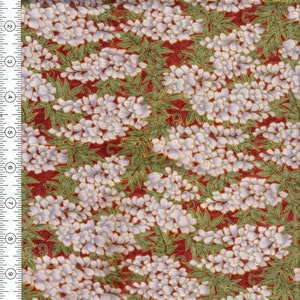 May include: Red fabric with a white and gold floral pattern. The flowers are arranged in clusters and have a delicate, almost translucent appearance. The fabric has a subtle sheen and a soft, luxurious feel.