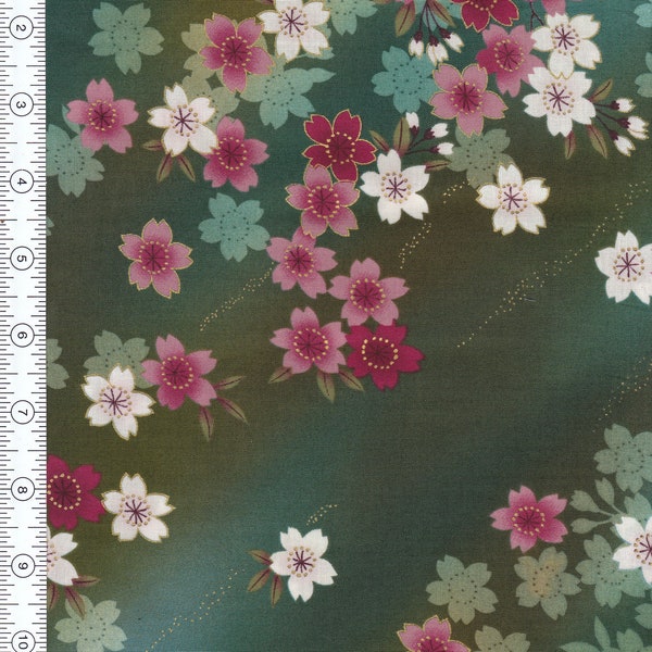 Fabric 19 in avail. Hanami Style H8712 by Hoffman CA Intl c screen print with mix of green background, flower clusters and gold metallic.