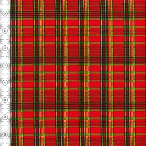 May include: Red fabric with a plaid pattern in green, brown, and yellow.