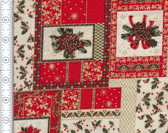 May include: Red and cream fabric with a patchwork design featuring gold accents, holly, and pine cones. The fabric has a festive Christmas theme.