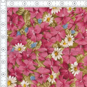 May include: Fabric with a floral pattern featuring large pink flowers, small white daisies, and blue accents on a green and tan background. The fabric is densely packed with the floral design.