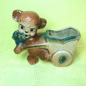 Vintage MCM Brown Bear Pulling Cart Planter Anthropomorphic Kitsch Decor