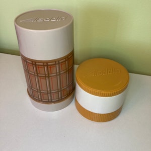 Vintage 1970s Aladdin Thermos duo Plaid Vacuum Bottle and Thermo Jar # 7000