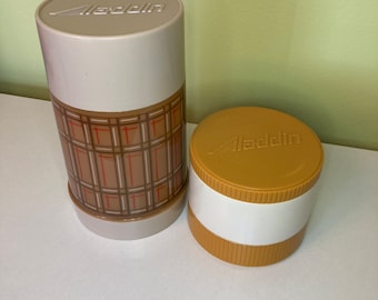 Vintage 1970s Aladdin Thermos duo Plaid Vacuum Bottle and Thermo Jar # 7000