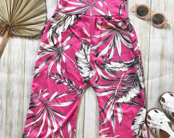 Hot pink palm leaf tropical one shoulder romper sizes 0-3 months to 6/7