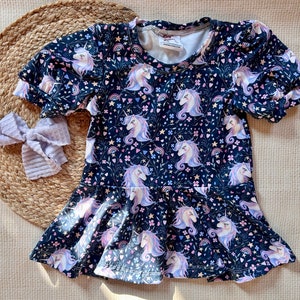 Navy purple unicorn print top dbp knit peplum puff sleeves newborn to 7/8 years