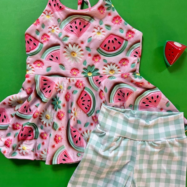 Watermelon criss cross tank top dbp knit twirl peplum with coordinating shorts newborn to 7/8 years