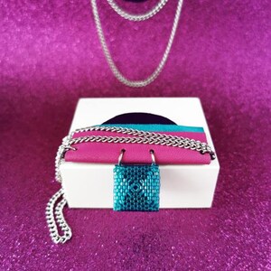 Fuchsia and turquoise leather and beads big dangling earrings