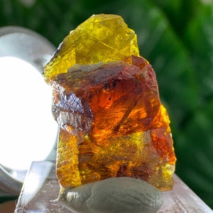 Peut inclure: Un spécimen minéral brut et translucide présentant un dégradé de jaune vif au sommet, passant par des teintes ambrées et orange profondes à la base. Le cristal possède une structure dentelée et multifacette avec des fractures internes visibles.