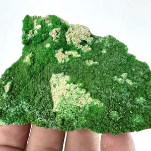 May include: A raw mineral specimen featuring a vibrant green, crystalline, and textured surface with patches of pale, sandy-colored inclusions. The cluster displays a dense, granular formation across its irregular, jagged shape.