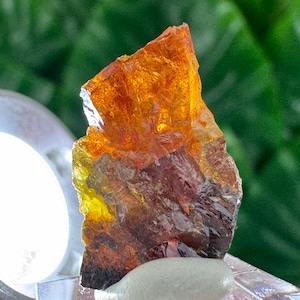 Peut inclure: Un spécimen minéral brut et translucide présentant un dégradé de couleurs vives allant de l'ambre profond et de l'orange brûlé au sommet à une teinte rouge brunâtre plus foncée à la base, avec une texture cristalline et dentelée.