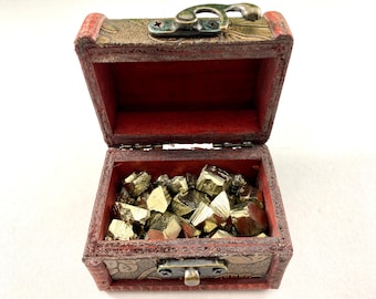 One chest full of the Golden Pyrite Crystals ,chest treasures of the earth,Golden Crystals, small Crystals Pyrite,Home Decor,Original gift,