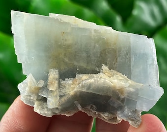 May include: A cluster of light blue barite crystals with a layered, translucent appearance. The crystals have a slightly grey hue and are set against a background of smaller, white crystals.