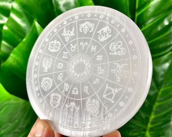 SELENITE  Zodiac Wheel Charging Plate Charging Station Etched Selenite, Charging Statio Crystal Healing,  Astrological Chart,