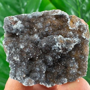 May include: A close-up of a natural mineral specimen. The stone has a rough, textured surface with a mix of dark gray, brown, and crystalline formations. The background is blurred green foliage.