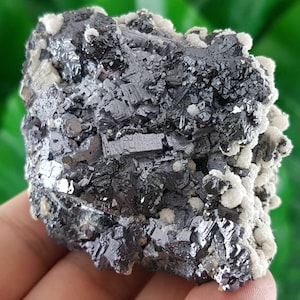 May include: A cluster of grey and silver galena crystals with a white matrix. The crystals are sharp and well-defined, and the matrix is rough and textured.