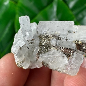 Peut inclure: Gros plan sur un amas de cristaux de quartz clair avec un minéral métallique de couleur or. Le quartz a une structure cristalline et le minéral de couleur or est parsemé. Le fond est vert flou.
