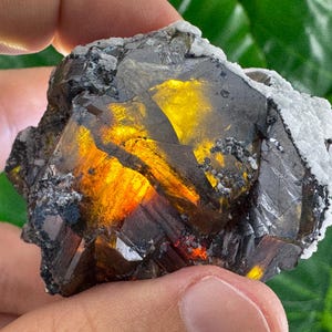 Peut inclure: Un spécimen minéral brut présentant un amas de cristaux ambrés, sombres et translucides, avec une lueur jaune vive à l'intérieur. La pierre possède des facettes angulaires nettes et est partiellement enchâssée dans une matrice cristalline blanche et grise.