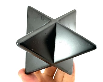 May include: A dark gray, geometric sculpture with a star-like design. The sculpture is held in a hand and has a smooth, reflective surface. The object is made of a solid material and has a modern aesthetic.