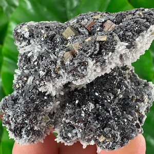 May include: A close-up of a mineral specimen featuring a dark gray, crystalline structure with patches of metallic gold and silver. The mineral sits atop a white, crystal-like base, with a green background.