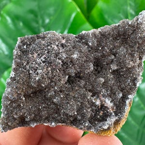 May include: A dark gray mineral specimen with a rough, textured surface. The mineral has small, sparkling crystals and a yellowish-brown base. The background is a blurred green.