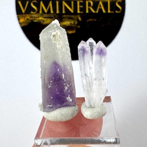 Può includere: Due gruppi di cristalli di ametista. Uno è un cristallo alto e trasparente con una base viola scuro. L'altro è un gruppo di cristalli più piccoli e trasparenti con punte viola. Entrambi sono montati su piccole basi chiare.