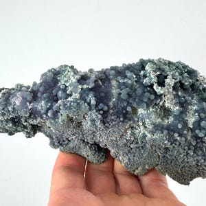 Könnte beinhalten: Ein großes, unregelmäßig geformtes Mineralexemplar mit einer blasigen, traubenförmigen Textur. Der Stein weist eine Mischung aus blau-grauen und teal-Farben auf, mit einer rauen, unebenen Oberfläche. Das Mineral wird in einer Hand vor weißem Hintergrund gehalten.