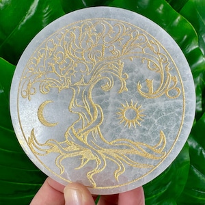 Placa de carregamento da árvore da vida de selenita, Selenita de energia forte, Selenita de energia, Selenita da árvore da vida, Selenita da árvore da vida Lua e sol
