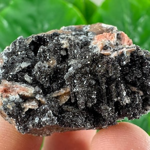 May include: A close-up of a mineral specimen featuring a dark, textured surface with sparkling crystals. The mineral has areas of black, brown, and reddish-orange hues, with a rough, uneven texture.
