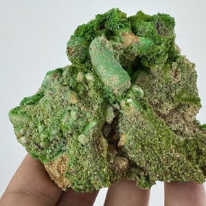 May include: A raw mineral specimen featuring a vibrant green, crystalline surface with a rough, textured appearance. The stone displays varying shades of bright lime and forest green, interspersed with patches of earthy tan and beige mineral deposits.