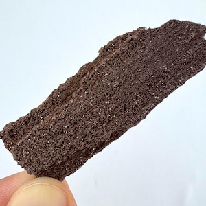 Op de afbeelding: Een donkerbruin, poreus en onregelmatig gevormd stuk materiaal met een ruwe, korrelige textuur. Het object heeft een grillige, ongelijkmatige rand en een dicht, sponsachtig uiterlijk met kleine reflecterende deeltjes op het oppervlak.