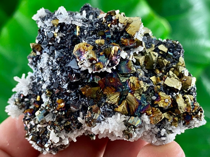 Specimen,Mineral Collection Iridescent Chalcopyrite,Quartz,Sphalerite,Calcite from Krushev dol mine,Madan,Bulgaria,Chalcedony