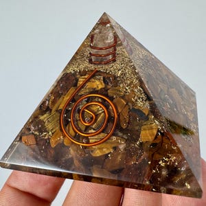 Orgonite Pyramid (5x5cm) Tiger&#39;s eye,Handmade Spiral Copper Orgone,Tourmaline,Pyramid,chakra,EMF Protection,Home Decor,Meditation,
