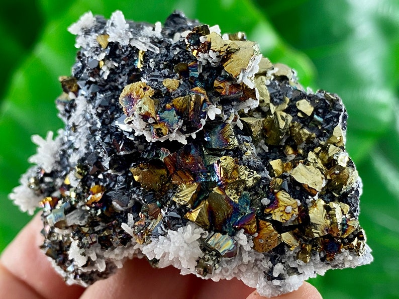 Specimen,Mineral Collection Iridescent Chalcopyrite,Quartz,Sphalerite,Calcite from Krushev dol mine,Madan,Bulgaria,Chalcedony