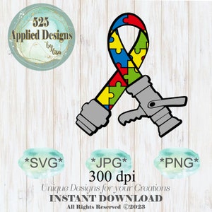 May include: A blue, yellow, red, and green puzzle piece ribbon tied around a gray fire hose nozzle. The image includes the text "*SVG* *JPG* 300 dpi *PNG* Unique Designs for your Creations INSTANT DOWNLOAD All Rights Reserved ©2023"