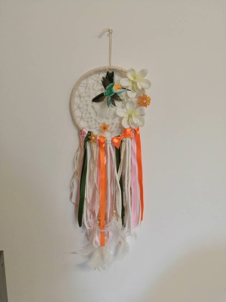 Attrape Rêves Colibri, Fleurs et Ruban. Style Tropical