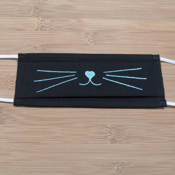 Masque visage en tissu pour ADULTE. Broderie moustache chat