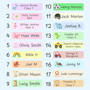 May include: A collection of eighteen rectangular adhesive labels in various pastel colours, each featuring a unique graphic icon and a printed name or class identifier. The icons include animals, vehicles, flowers, and shapes, with black text.