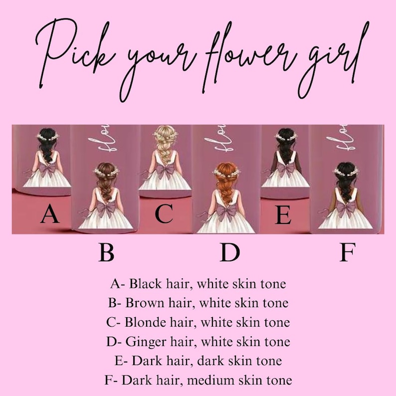 May include: A pink graphic with the text "Pick your flower girl." Six illustrations of girls in white dresses are labeled A through F. Each girl has a different hair color and skin tone. Below the illustrations are descriptions of each girl.