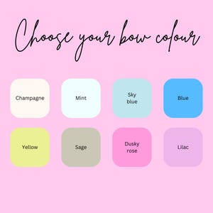 May include: A pink background with the text "Choose your bow colour" in black script. Below are eight color options in rounded squares: Champagne, Mint, Sky blue, Blue, Yellow, Sage, Dusky rose, and Lilac.