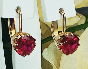 Vintage Earrings Circle Rose Red Gold 14K 583 Star Ruby Stone Scarlet Blood Color Old Rare