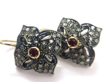 Earrings Large Vintage Old Jewelry Flowers Yellow Gold 585 14k & Silver 925 Rubies 0.20 ct Diamonds 1.48 ct