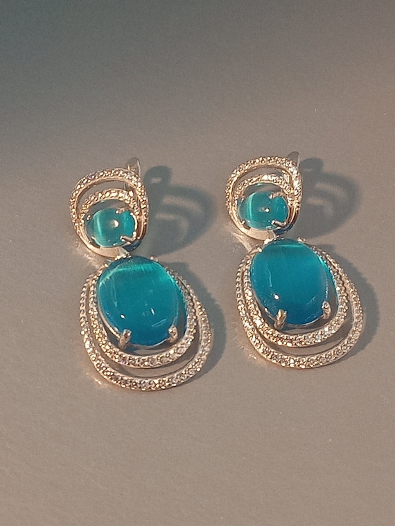 Earrings Large Stylish Stone Cat's Eye Turquoise C