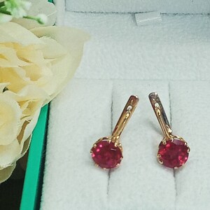 Vintage Earrings Circle Rose Red Gold 14K 583 Star Ruby Stone Scarlet Blood Color Old Rare zdjęcie 4