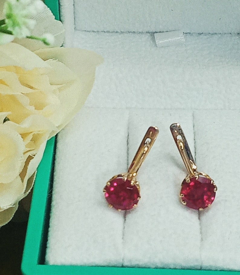 Vintage Earrings Circle Rose Red Gold 14K 583 Star Ruby Stone Scarlet Blood Color Old Rare zdjęcie 4