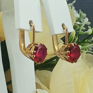 Vintage Earrings Circle Rose Red Gold 14K 583 Star Ruby Stone Scarlet Blood Color Old Rare zdjęcie 2