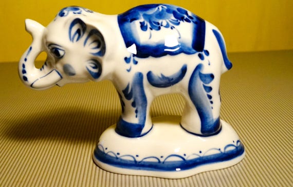 Elephant Collectible Gzhel Porcelain Figurine hand-painted
