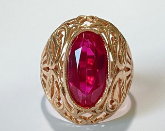 Ring Filigree Large Ruby Red Spinel 4.00 ct. Stone Vintage Jewelry Red Rose Gold 14K 583 Stamp Star Interesting Design Old Retro