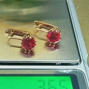 Vintage Earrings Circle Rose Red Gold 14K 583 Star Ruby Stone Scarlet Blood Color Old Rare zdjęcie 6