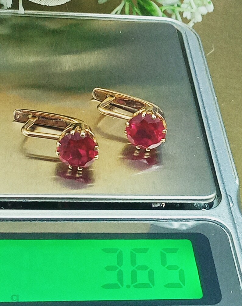 Vintage Earrings Circle Rose Red Gold 14K 583 Star Ruby Stone Scarlet Blood Color Old Rare zdjęcie 6